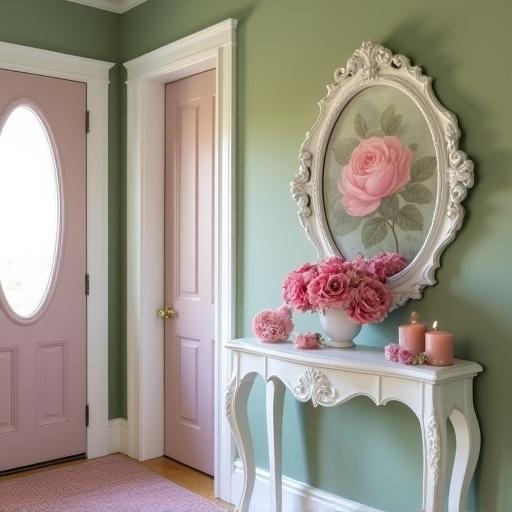 A stylish entryway features sage green walls and white trim. A light pink door with an oval window is prominent. A white table displays a pink rose painting framed in ornate white rococo style. An oval mirror complements the table. A pink rose bouquet and candles adorn the table.