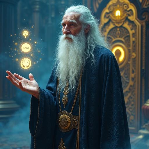 Cinematic fantasy illustration of an old, mysterious wizard. Long white beard and black streaks in semi-long hair. Wears futuristic robe with glowing patterns. Stands in mystical environment with soft blue glow. Expression is calm and wise. Slightly levitating with right hand extended. Four glowing magical keys hover above hand. Icons symbolize aspects of emotional intelligence: heart for empathy, brain for self-awareness, handshake for social skills, scale for self-regulation. Massive golden door with keyholes in background. Magical sparkles and light particles around keys. Tone combines fantasy and digital sci-fi.