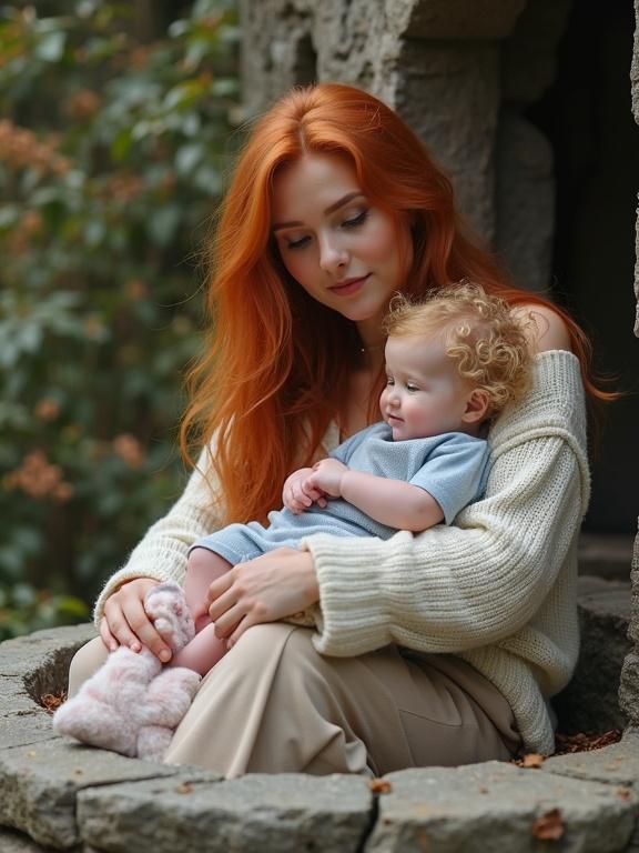 A realistic scene features a young woman with long red hair wearing a white sweater. She sits near the edge of an old stone well relaxed yet attentive. In one arm, she holds a curly blonde baby in a light blue onesie. The baby looks up with a gentle smile. A large rabbit sits on the well's edge.