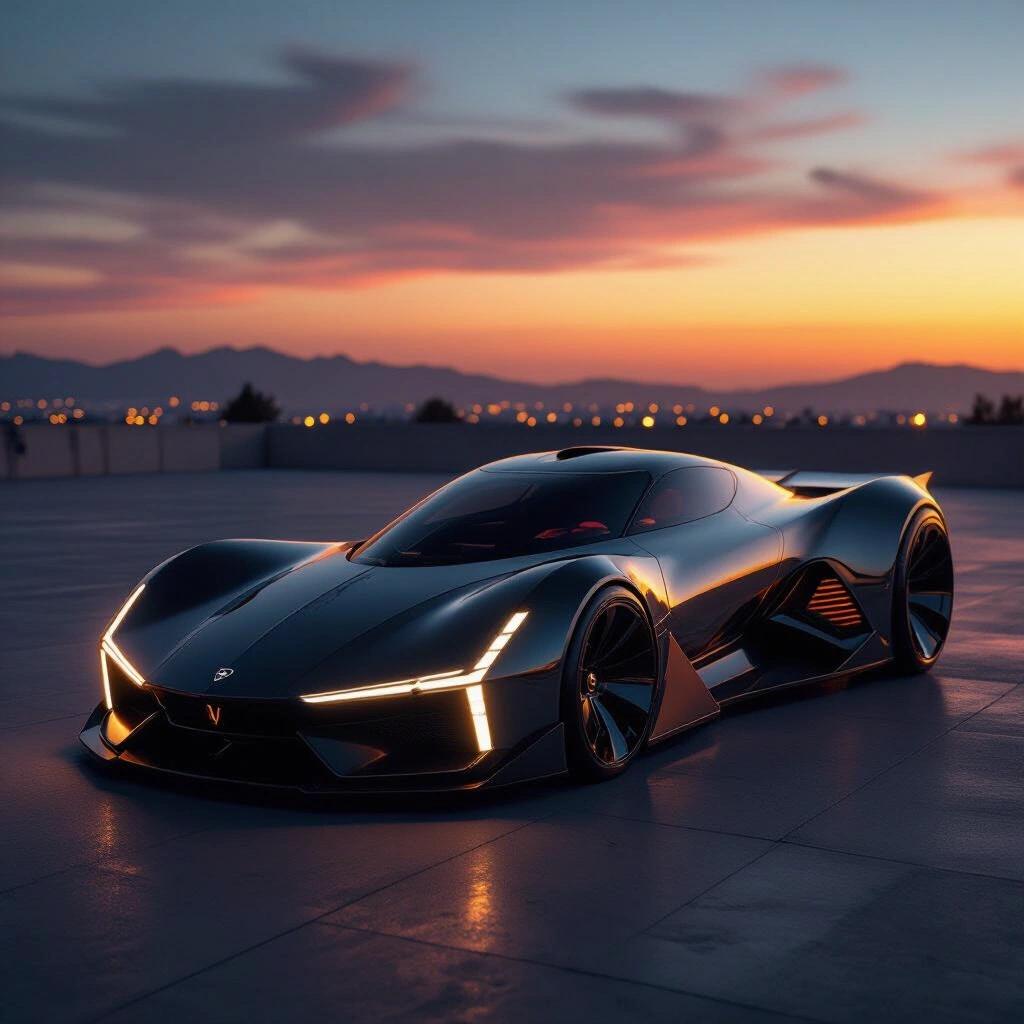 A parked angular dragster concept car with a futuristic design under a dark sunset. The car has deep grooves resembling features from Lamborghini and Bugatti. The background features a portal-like atmosphere.