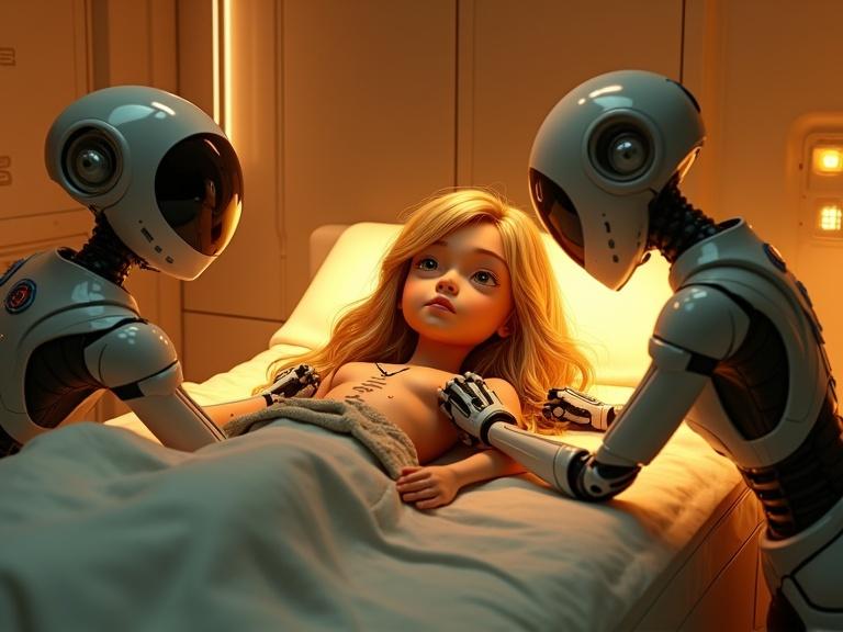 Scene in an advanced examination chamber featuring two androids analyzing a young girl’s wounds while she lies on a med-bed. Warm golden backlight creates an emotional atmosphere. Cyberpunk aesthetic with a focus on high-tech elements and soft fog.