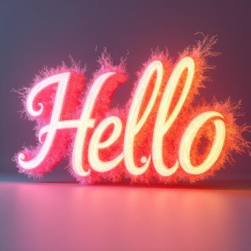 3D render of the word Hello in flowing script. Letters glow with rosy pink, peach, and orange. Ink splatters add chaos. Soft lighting shows colors and shadows. Background in cool pink.