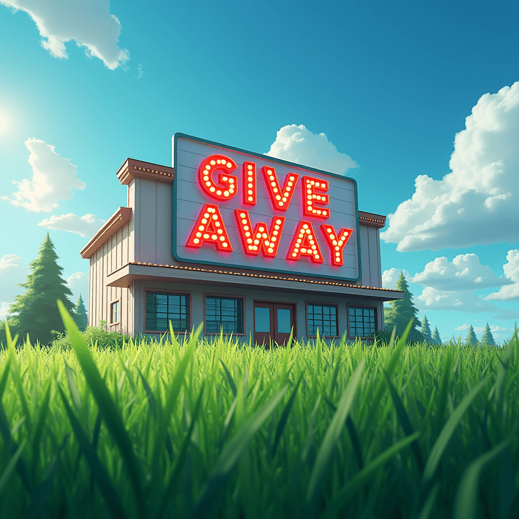 A bright building with a glowing 'GIVE AWAY' sign stands amidst lush green grass under a clear blue sky.