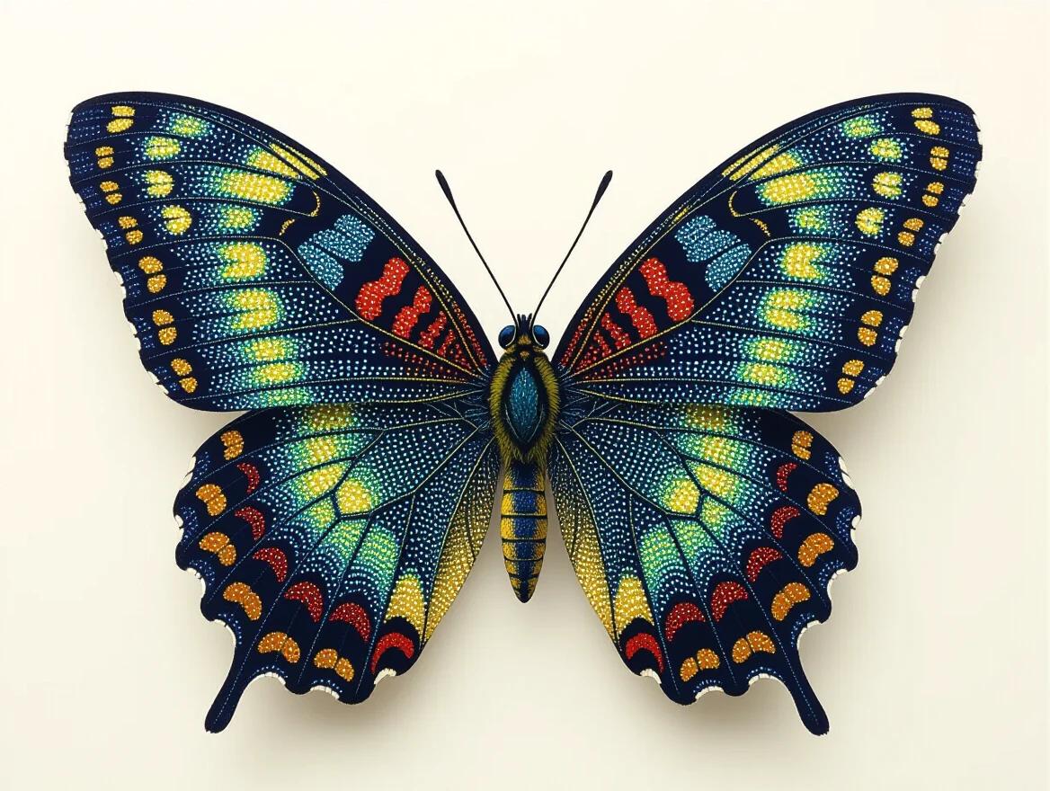Extreme close-up of butterfly wing scales rendered in pointillist technique. Thousands of tiny dots recreate iridescent wing patterns. Scientific illustration meets artistic beauty. Entomological study using divisionist color theory. Microscopic detail through systematic dot placement. Contemporary natural history art using classical method. Masterpiece lepidoptera pointillism.