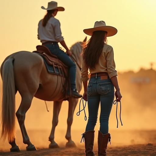 Fatigued rodeo cowgirl stands with her exhausted horse in a dusty arena. Warm golden light surrounds them in late afternoon. The scene captures a sense of resolve and hard-fought competition. Cowgirl's posture shows determination and triumph. Textures of denim and leather prominent. Dust motes visible in warm atmosphere.