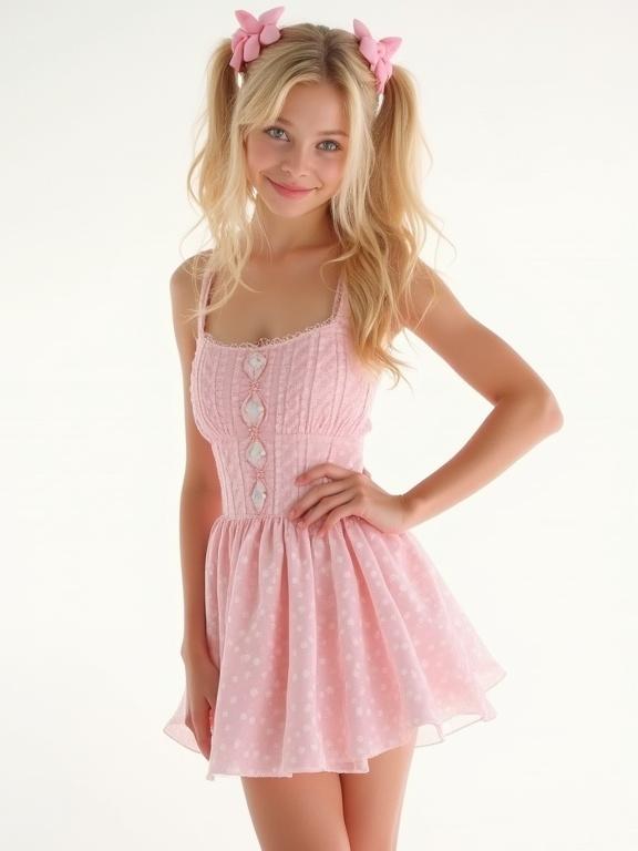 Full body image featuring a girl in a pink mini sundress. She has blonde twintails adorned with bows. The background is white and bright. The dress has a playful design.
