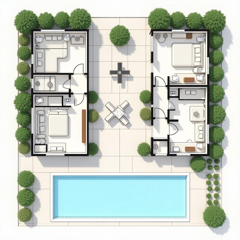 Design a one-story house floor plan. Total size 120 square meters. Central inner courtyard. Right side bedroom with en-suite bathroom. Left side another bedroom with en-suite. Center area is open kitchen and living room. Include garage and pool. Mediterranean style.