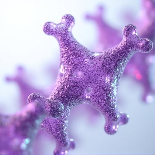 An ultra-detailed rendering of a protein trimer with a transparent lattice shell. Features subsurface scattering and a bioluminescent purple rim light. Cinematic quality in 8k resolution. Includes volumetric fog and holographic HUD overlays on a clean white backdrop. High quality and highly detailed.