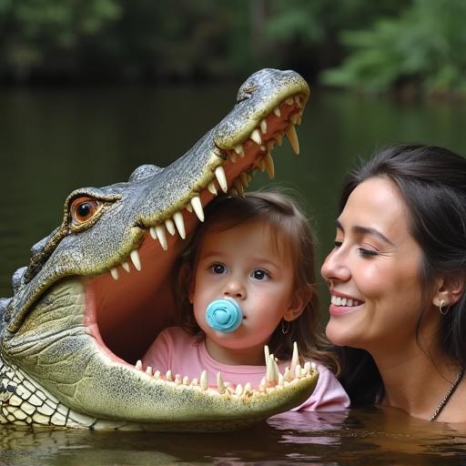 A playful mother poses near an alligator. The child playfully sits in the alligator's jaw. The child has a large pacifier. The setting is a natural pond with greenery.