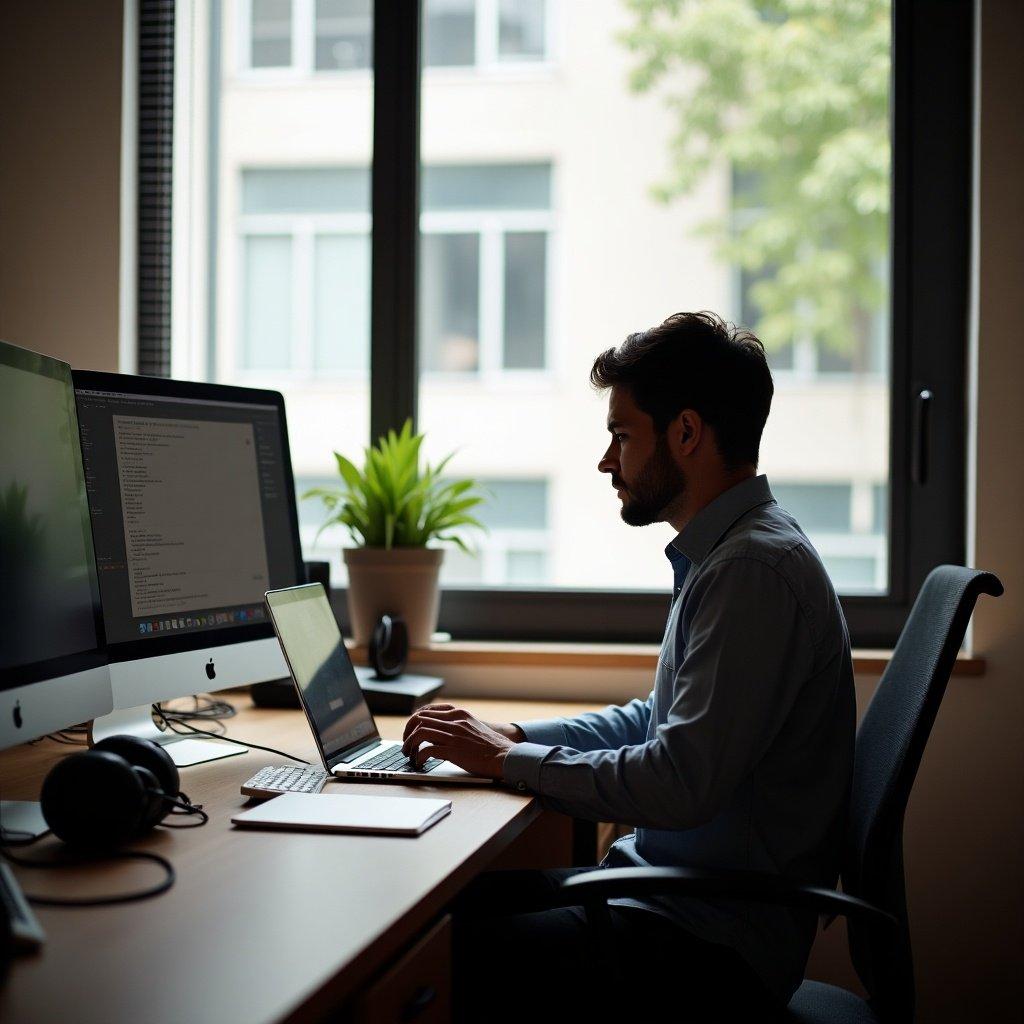 A person working on a laptop at a desk in a small office with large windows and plants.