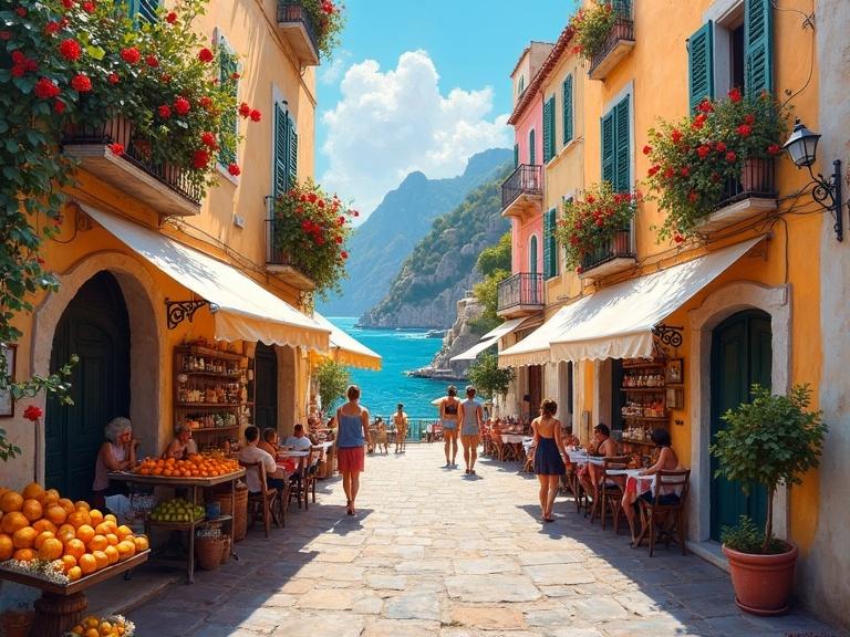 An oil painting illustrates a vibrant street in Sorrento Italy. Narrow cobblestone lane between pastel buildings. Terracotta roofs and blooming geraniums on balconies. Sunlight casts shadows on stone walls. Glimpses of the sea and Mount Vesuvius visible. Market stalls with citrus fruits and ceramics are abundant. Figures enjoying casual dining add life to the scene.