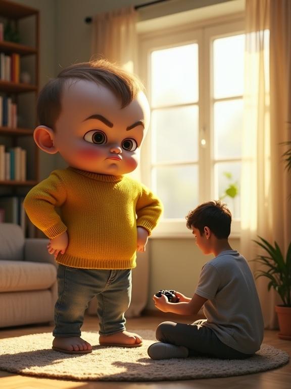 Scene features large baby wearing yellow sweater standing with hands on hips. Baby has serious expression. Smaller adult male sits cross-legged on floor with video game controller. Sunlight streams through window creating warm atmosphere. Background shows cozy living room with textured rug and bookshelves. The image highlights size difference between characters.
