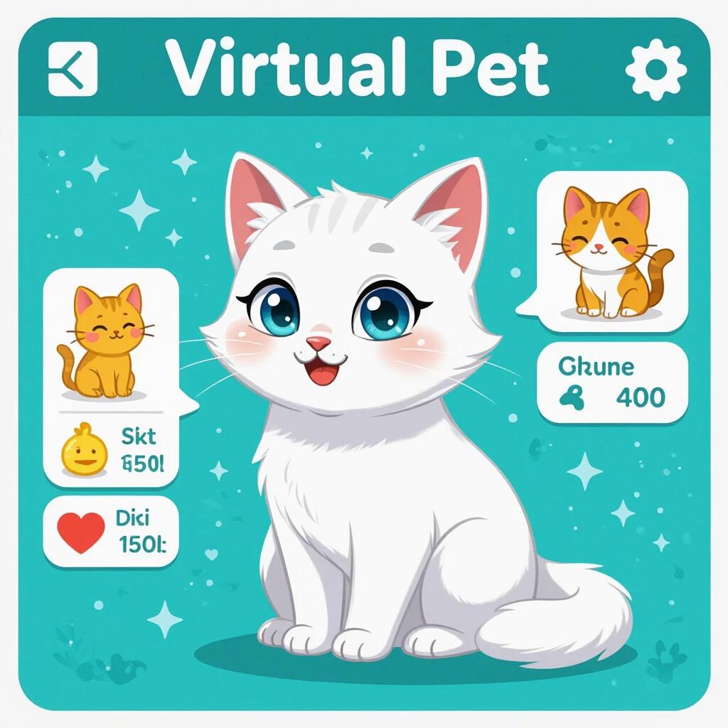 Create character images for a virtual pet game featuring a cute white cat. Design should include pet stats and a colorful background.