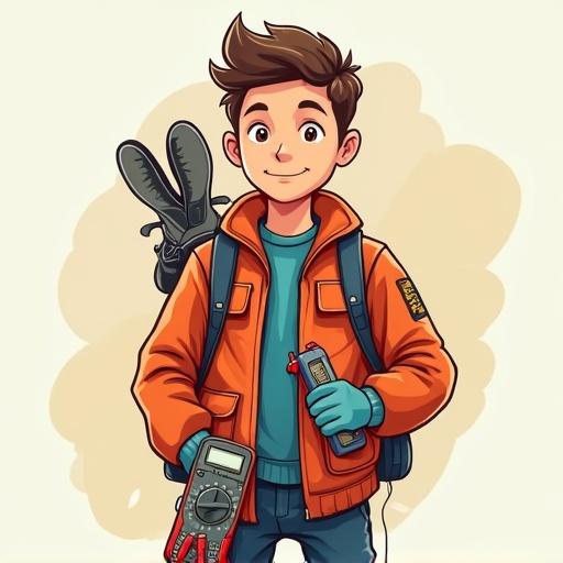 Cartoon style image features an 18-year-old student boy carrying various tools including a multimeter, security shoes, and gloves. He wears a bright orange jacket and has an approachable smile.