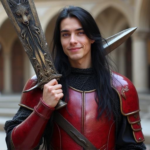 Young man with long black hair and flawless pale skin. He has purple eyes and is smiling while holding a massive sword. He wears red armor with gold accents over black chainmail. The sword has a tribal engraving of a howling wolf. He stands in a castle courtyard.