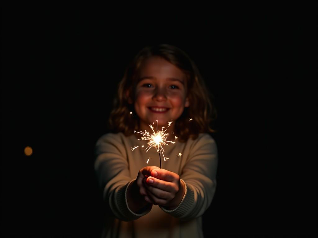 A child holding a lit sparkler in the dark, smiling.