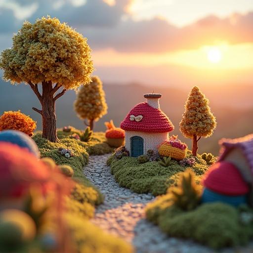 A miniature town crafted from crochet materials. Fluffy yarn clouds surround it. Vibrant woolen trees and tiny houses in rainbow stitches. Magical handcrafted charm under golden-hour lighting casting warm shadows.
