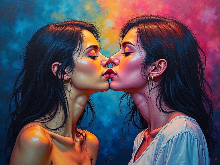 Two women engage in a deep connection. They face each other closely. The background features vibrant colors with a gradient effect. The women have long hair and a warm glow. The image reflects themes of intimacy and connection under nightlife influences.