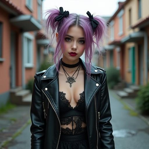 Create a hyper-realistic image of a cute eastern European goth punk woman in a neighborhood alleyway. She has light golden hazel eyes and colorful hair tied in loose buns with black ribbons. Her outfit includes a black leather jacket and a lace short skirt. Accessories like punk goth rings on her manicured hands enhance her look.
