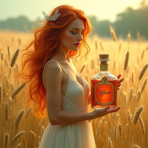 A modern goddess with reddish hair in a golden barley field holds an apothecary-style bottle named ALFRUNO. She offers a toast with a cocktail glass, smiling joyfully. The bottle glows softly with elegance and has a cork lid. Ethereal light and gentle breezes enhance the tranquil atmosphere. The artwork reflects a soft watercolor style.