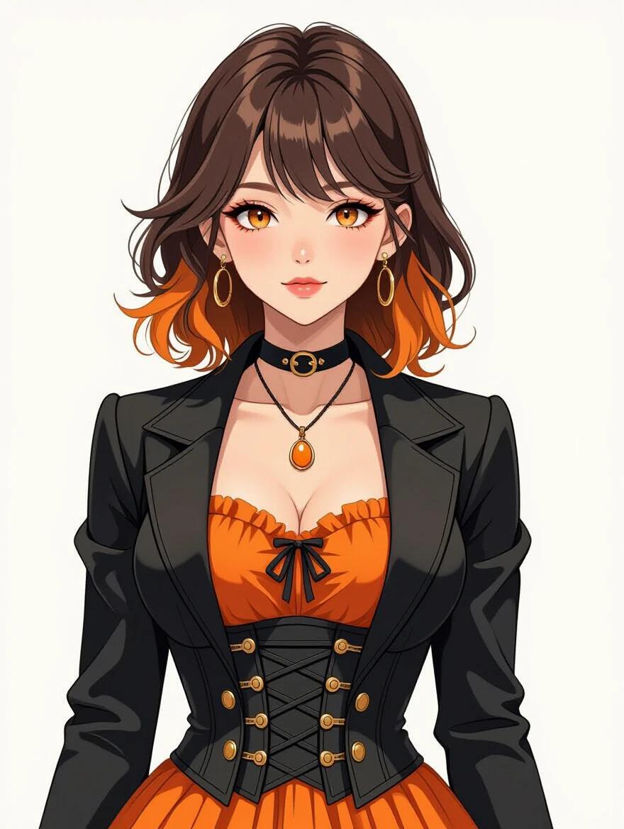 Portrait of an anime girl in a fashionable outfit. She stands facing the viewer with an expressionless face. Hair is medium brown with orange highlights. Eyes are orange. Wearing a black blazer over an orange frilled dress with a black corset and hoop skirt. Accessories include earrings, a black pendant choker, and an orange pendant. Set against a simple white background.