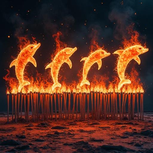 Fire takes the form of dolphins leaping above a row of burnt matchsticks. The artwork is vibrant and dark.