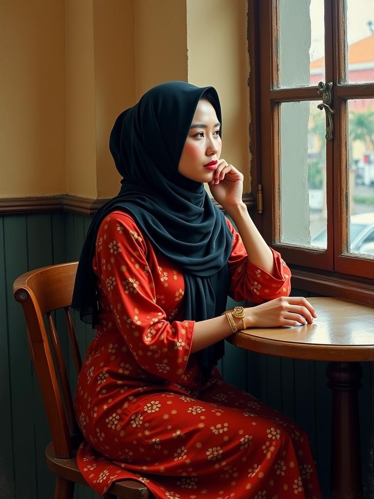 Intimate portrait of a Malay woman sitting in a cafe. Expression shows contemplation. Flowing red-black batik dress and hijab. Delicate jewelry adds detail. Soft warm lighting captures cozy atmosphere.