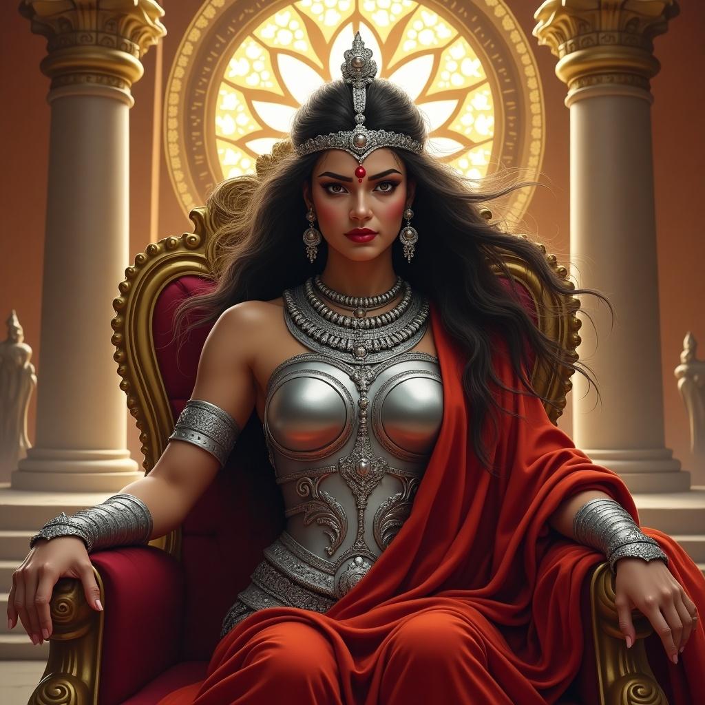 Queen Durgavati seated on a grand throne. She has intense eyes, a red bindi, flowing dark hair, wearing ornate silver armor and a red dupatta. The Gondwana emblem is displayed behind her, surrounded by golden and red decor.