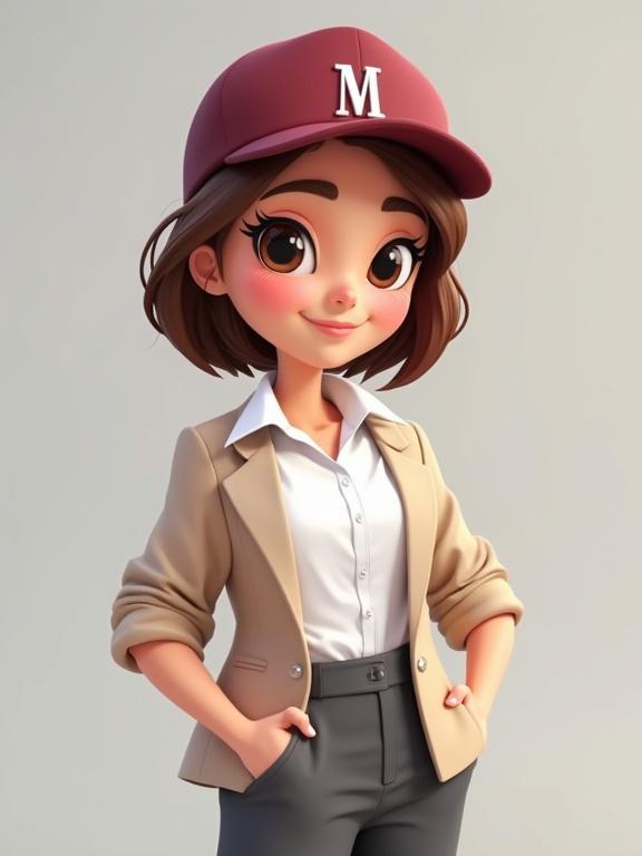 Create a character named Sara, a 35-year-old Colombian woman in a modern 3D kawaii illustrated style. She has dark brown hair in a neat low ponytail, expressive brown eyes, and a kind, professional smile. Wears a wine-colored journalist-style vest over a long-sleeve white blouse and dark gray formal pants. Holds a white trucker hat with a discreet wine 'M' logo in serif font. Background is a light gray flat color. Transmits confidence and approachability.