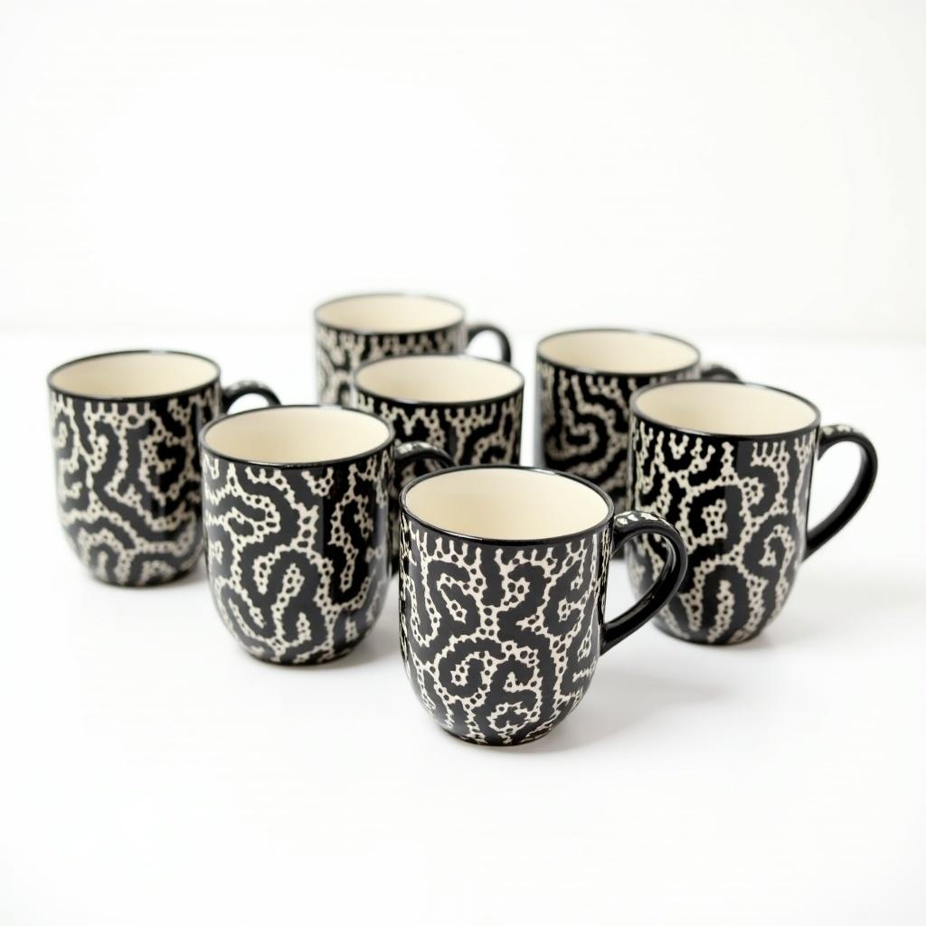 Collection of ceramic mugs with snake pattern arranged in a line. Each mug has a distinct pattern. Colors are black and white. Bright lighting highlights texture and ceramic finish.