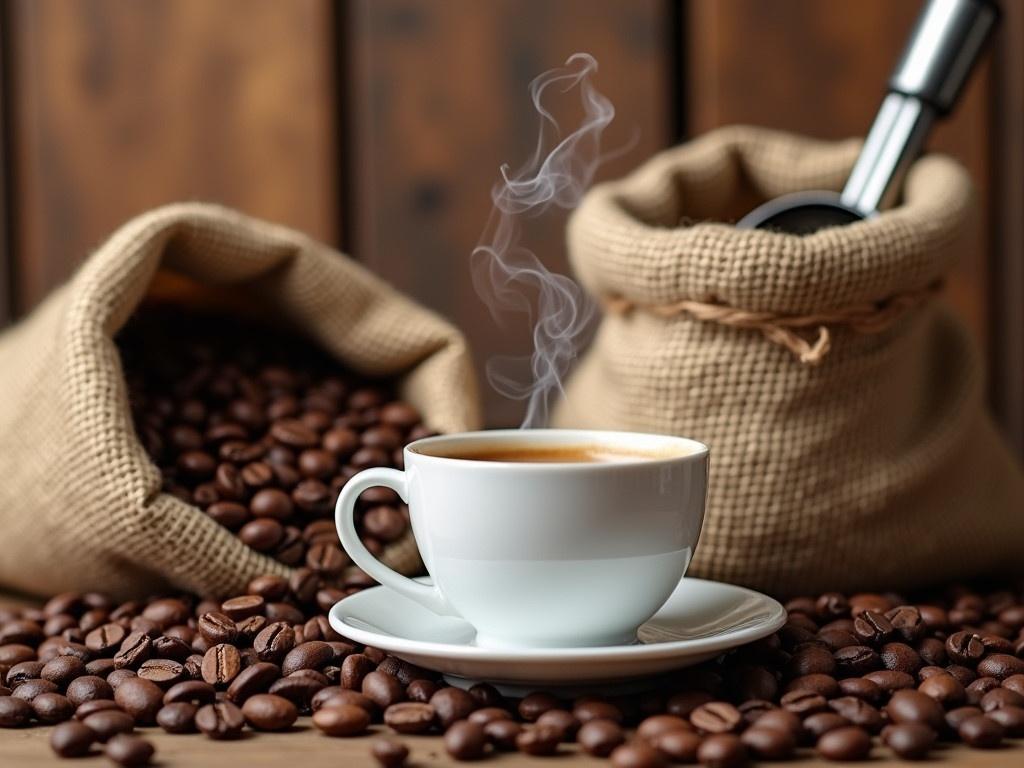 This image depicts a rustic coffee scene. In the foreground, there is a white coffee cup with steam rising from it, placed on a small white saucer. Surrounding the cup are scattered brown coffee beans that create a rich textured background. A shiny metal coffee scoop is leaning against a burlap sack filled with coffee beans that is partially open, suggesting freshness. The background features wooden panels that enhance the warm, cozy atmosphere of coffee preparation.