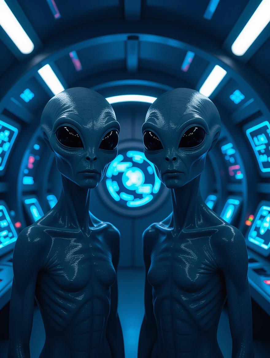 Two gray aliens stand side by side inside a spaceship. Aliens have large black eyes and expressionless faces. The interior is sleek and metallic with flashing lights. Holographic interfaces and alien control panels are visible. The setting is dimly lit with a cinematic atmosphere.