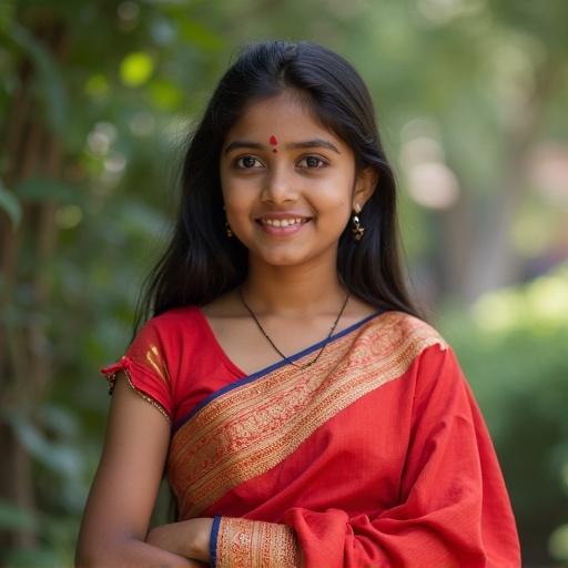 Portrait of a girl in Bangladesh wearing a red saree. The setting is outdoors with greenery in the background. The girl smiles softly and wears traditional jewelry.