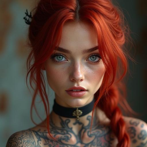 Image of a woman with beautiful facial features. She has reddish hair styled in a braid and striking blue eyes. Her tattoos are visible and add character. Warm lighting highlights her features.