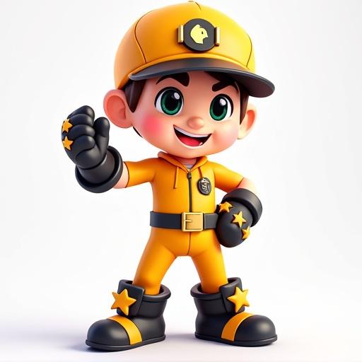 Character design inspired by Brawl Stars. Cartoonish male character wearing a bright outfit. Includes gloves and boots with star emblems. Character is in a dynamic pose.