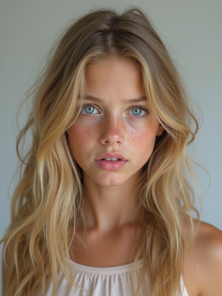 Blonde girl with wavy long hair stands against a light grey background. She has lightly tanned skin and light freckles. Her natural blue eyes convey a cool expression with hints of disgust.