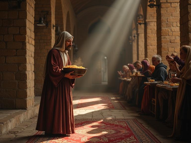 Monk in a medieval setting presents soup to a pilgrim. Soup served in a carved bowl depicting biblical images. Warm, inviting atmosphere with communal dining.