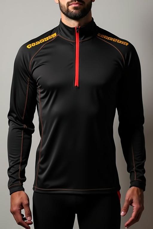 Men wears a black half zip long sleeve training top with yellow and red contour lines. The image shows the front aspect.