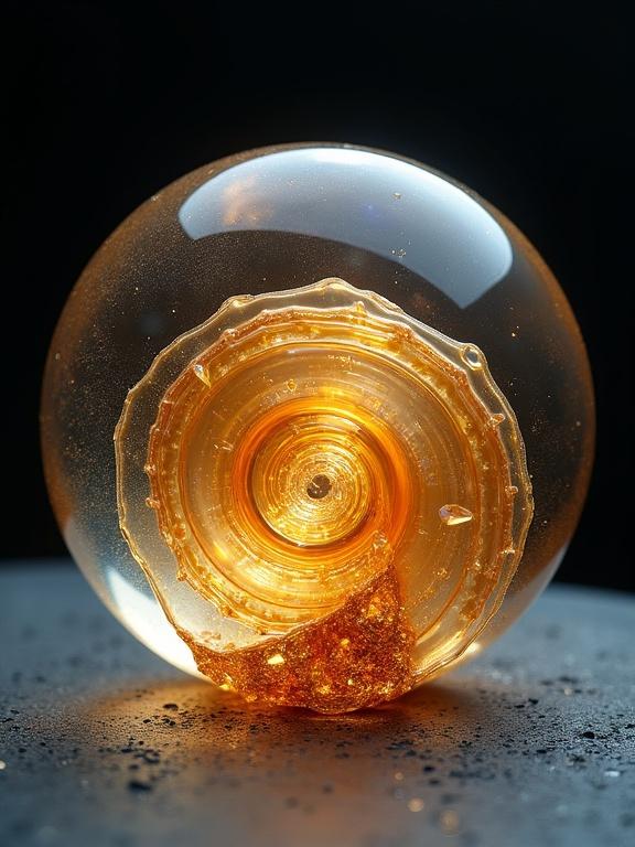 Detailed depiction of a transparent sphere-shaped object. Internal spiral patterns of amber and gold hues. Spiral resembles organic growth or shell structure. Subtle color variations highlight textures. Sphere positioned on a dark gray surface with warm light glow underneath.  Dark navy background enhances visibility. Abstract, artistic style inviting wonder.