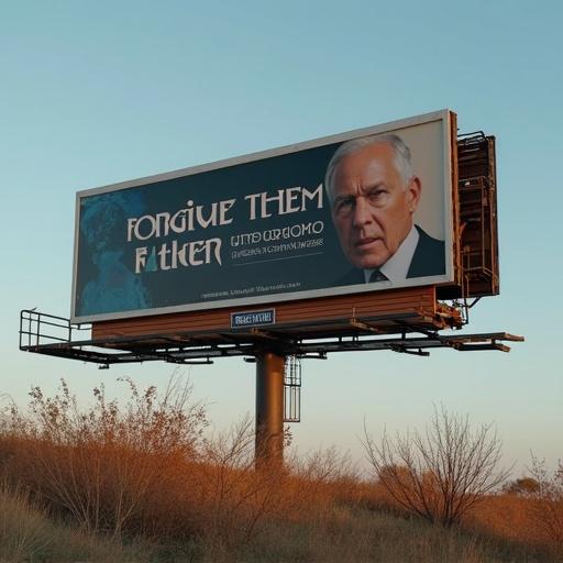 A billboard displaying the phrase 'Forgive Them Father.' The setting is outdoors with natural lighting. The billboard has a cinematic design and is the central focus of the image.