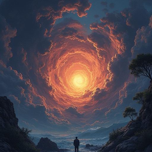 A landscapes with dramatic colors and a surreal sky. A person stands on rocky terrain looking at a swirling vortex of orange and purple clouds. The scene evokes emotions of wonder and contemplation. The ocean is visible in the background with soft waves.