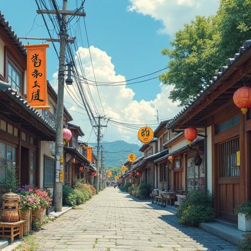 A traditional street in a Japanese town. Houses with wooden facades line the road. Power lines are overhead. Bright banners and lanterns add color. Mountains in the background accentuate the scenery.