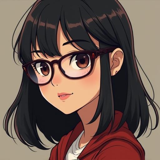 Image of a young nerdy Asian female wearing glasses and a red hoodie with dark hair