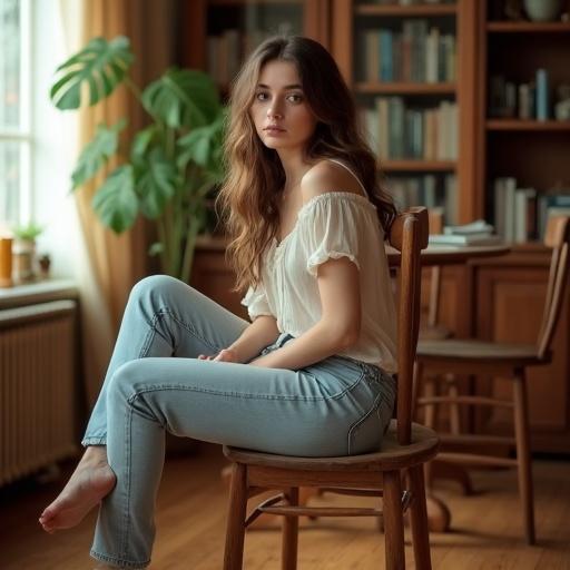 Young woman sitting on a wooden chair in a softly lit room. She has long brown hair, fair skin, and green eyes. Wearing a delicate blouse and light jeans, barefoot. One leg crossed over the other. Natural light falls on her face. Warm tones in the room with a bookshelf and potted plant in the background. Realistic photography with high detail and shallow depth of field.