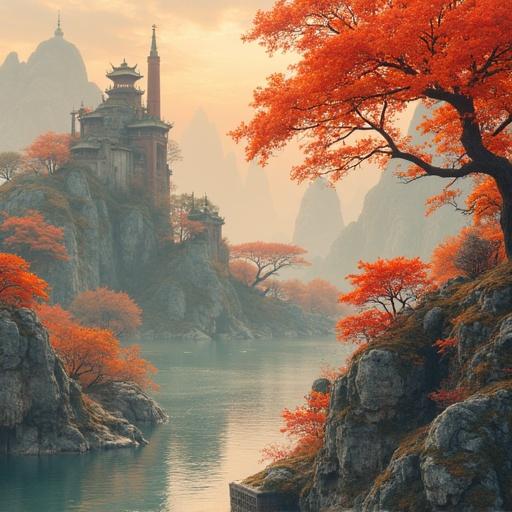 A beautiful landscape with a traditional Chinese temple surrounded by orange trees. A still body of water reflects the colorful autumn foliage. Distant mountains shrouded in mist create a serene atmosphere.