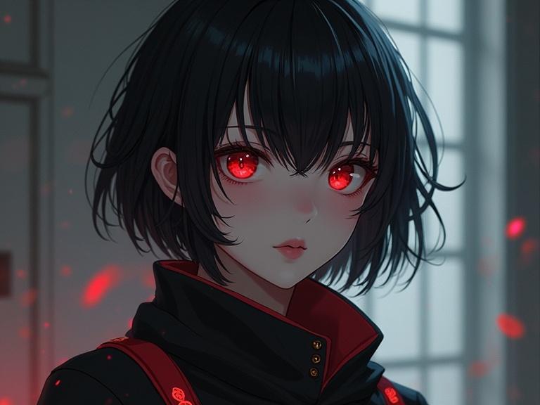 Anime character with short hair, red eyes, dressed in ninja attire, dark atmosphere, detailed expression