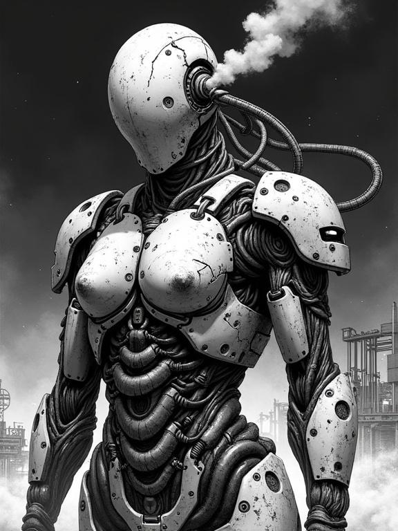 Full-height manga artwork features a cybernetic warrior in a decaying exosuit. Grotesque hybrid of corpse and machine with open body parts. Wires and tubes protruding from torn flesh. Smoke leaks from armor vents. One glowing eye and a cracked sensor lens. Background depicts a dark industrial wasteland with metal structures and fog. Expressionless and designed for combat. Gritty science fiction style with high detail.