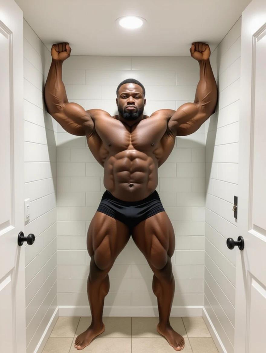 A muscular male powerlifter fills a cramped bathroom. He presses hands against the ceiling. The figure showcases impressive muscles. He wears tight black shorts.