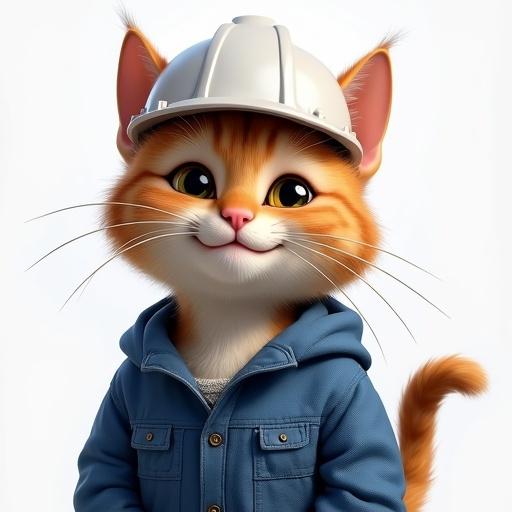 Cat wearing a white hard hat and blue work jacket. Happy expression with bright eyes, gentle smile. Perked ears and an upright tail.