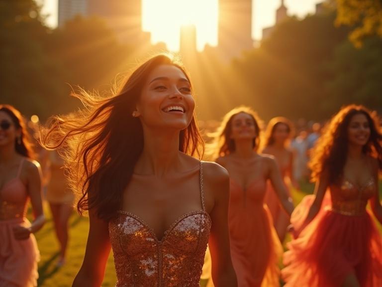 A group of young women dressed in shiny dresses dancing in Central Park during golden hour. The sunlight creates a soft volumetric glow with god rays. Women appear joyful and vibrant. Style reflects high-end digital art with music video aesthetics.